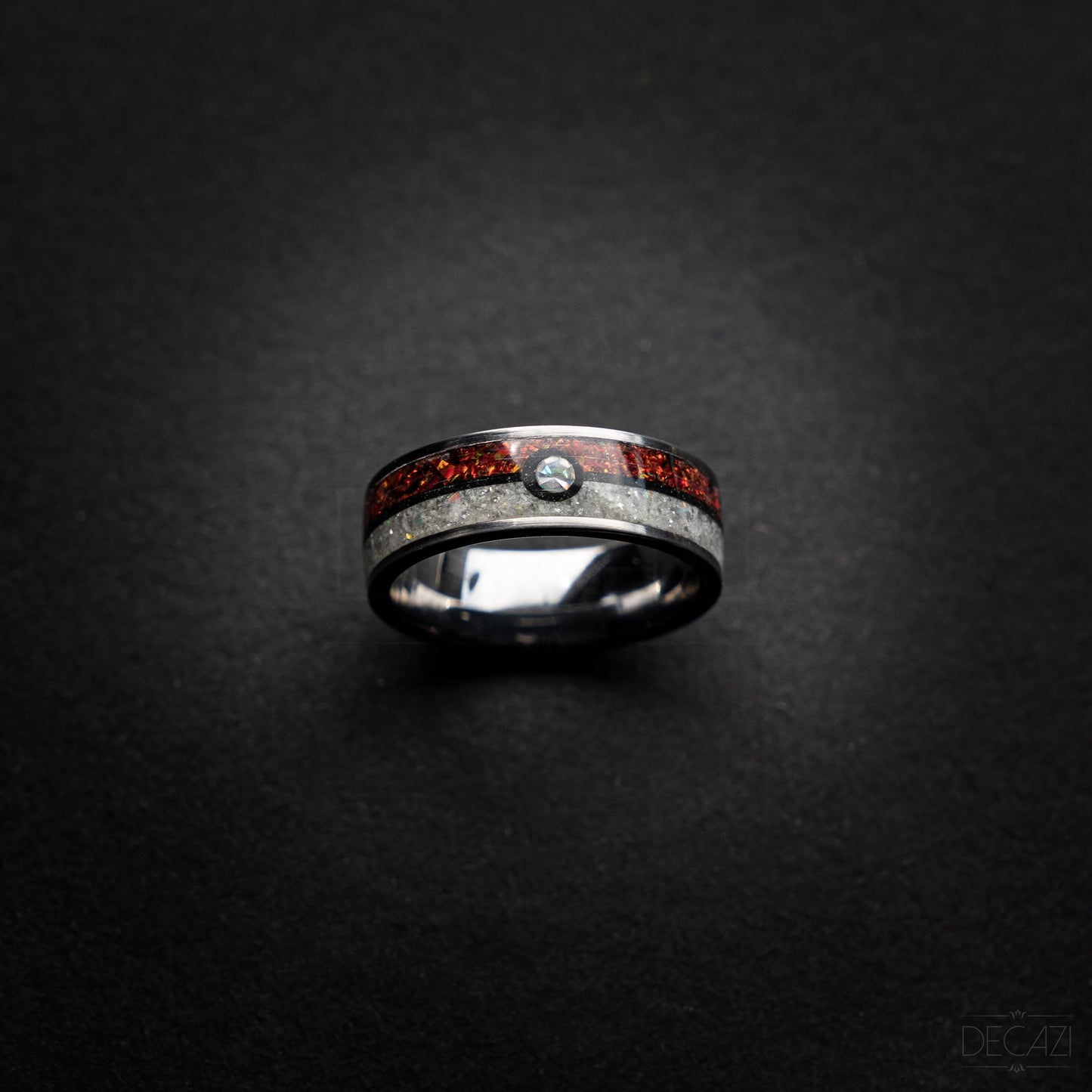 Poke ball silver tungsten ring with Red and White opal and 1 Cubic Zirconia stone and Aqua glow 8 mm - Decazi