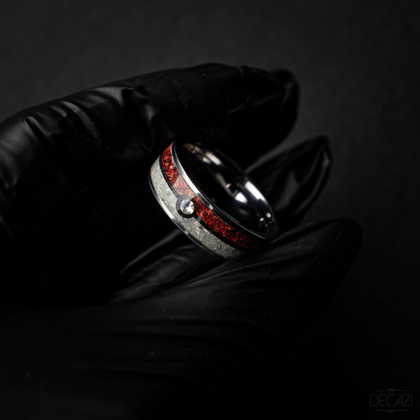 Poke ball silver tungsten ring with Red and White opal and 1 Cubic Zirconia stone and Aqua glow 8 mm - Decazi
