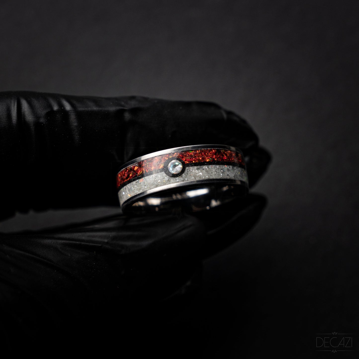 Poke ball silver tungsten ring with Red and White opal and 1 Cubic Zirconia stone and Aqua glow 8 mm - Decazi