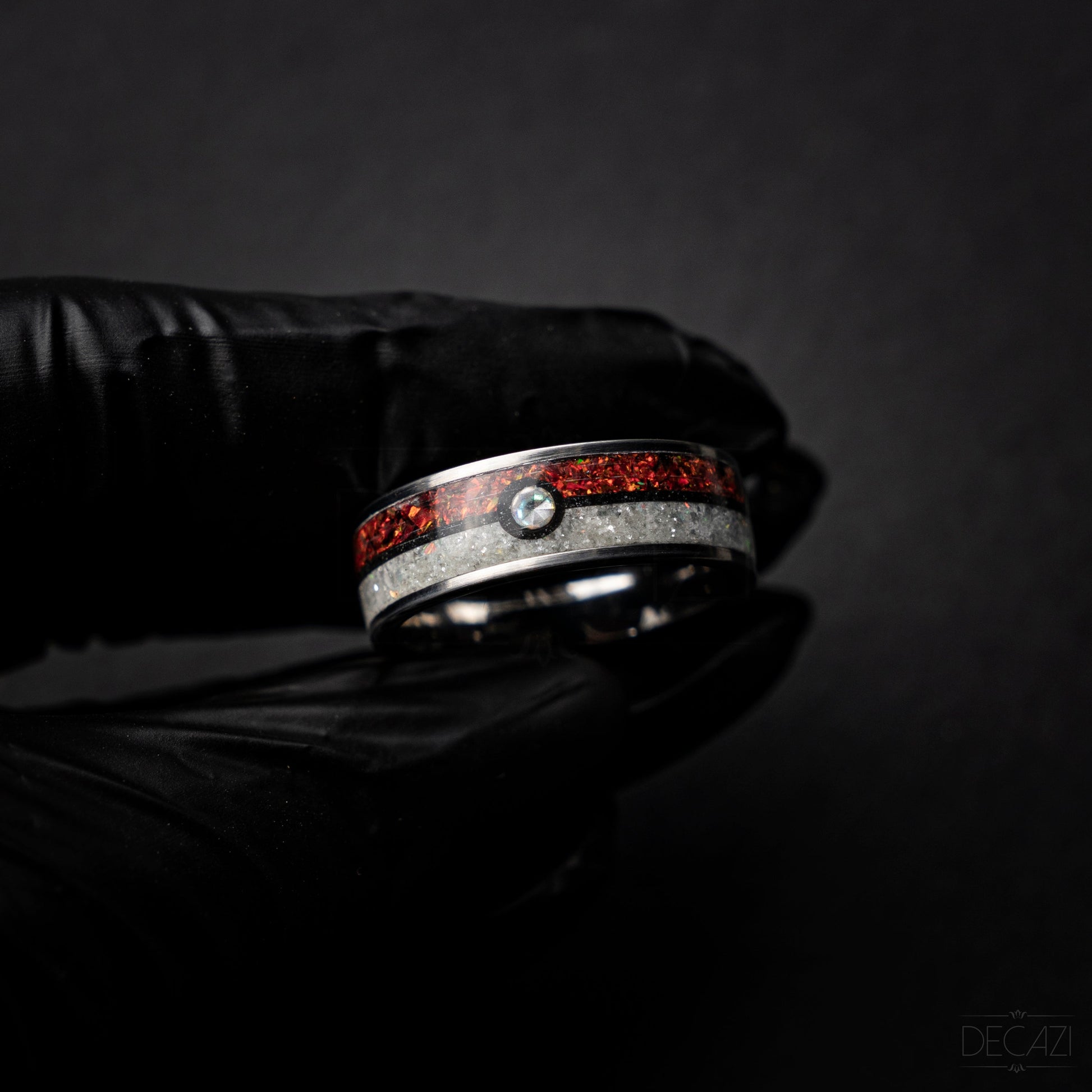 Poke ball silver tungsten ring with Red and White opal and 1 Cubic Zirconia stone and Aqua glow 8 mm - Decazi