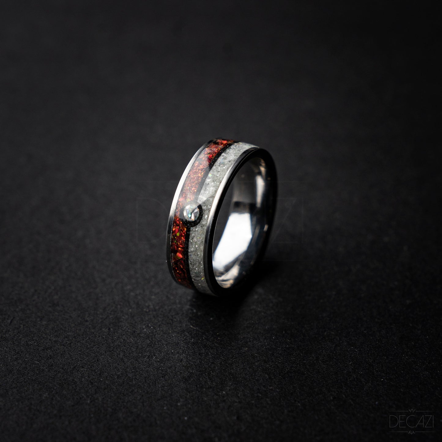 Poke ball silver tungsten ring with Red and White opal and 1 Cubic Zirconia stone and Aqua glow 8 mm - Decazi