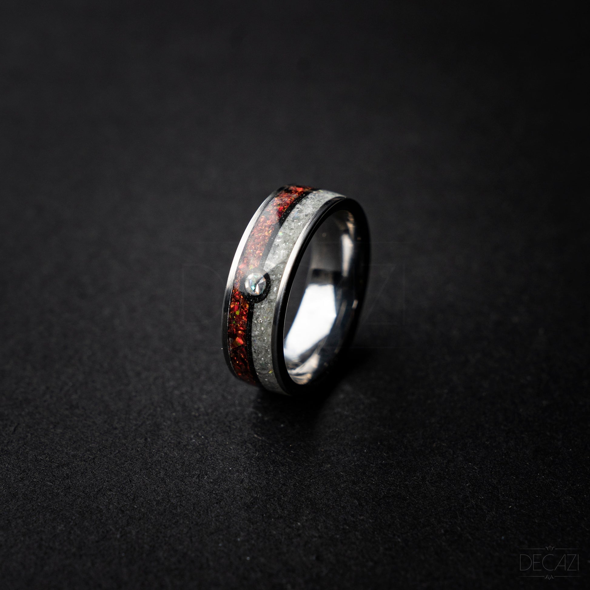Poke ball silver tungsten ring with Red and White opal and 1 Cubic Zirconia stone and Aqua glow 8 mm - Decazi