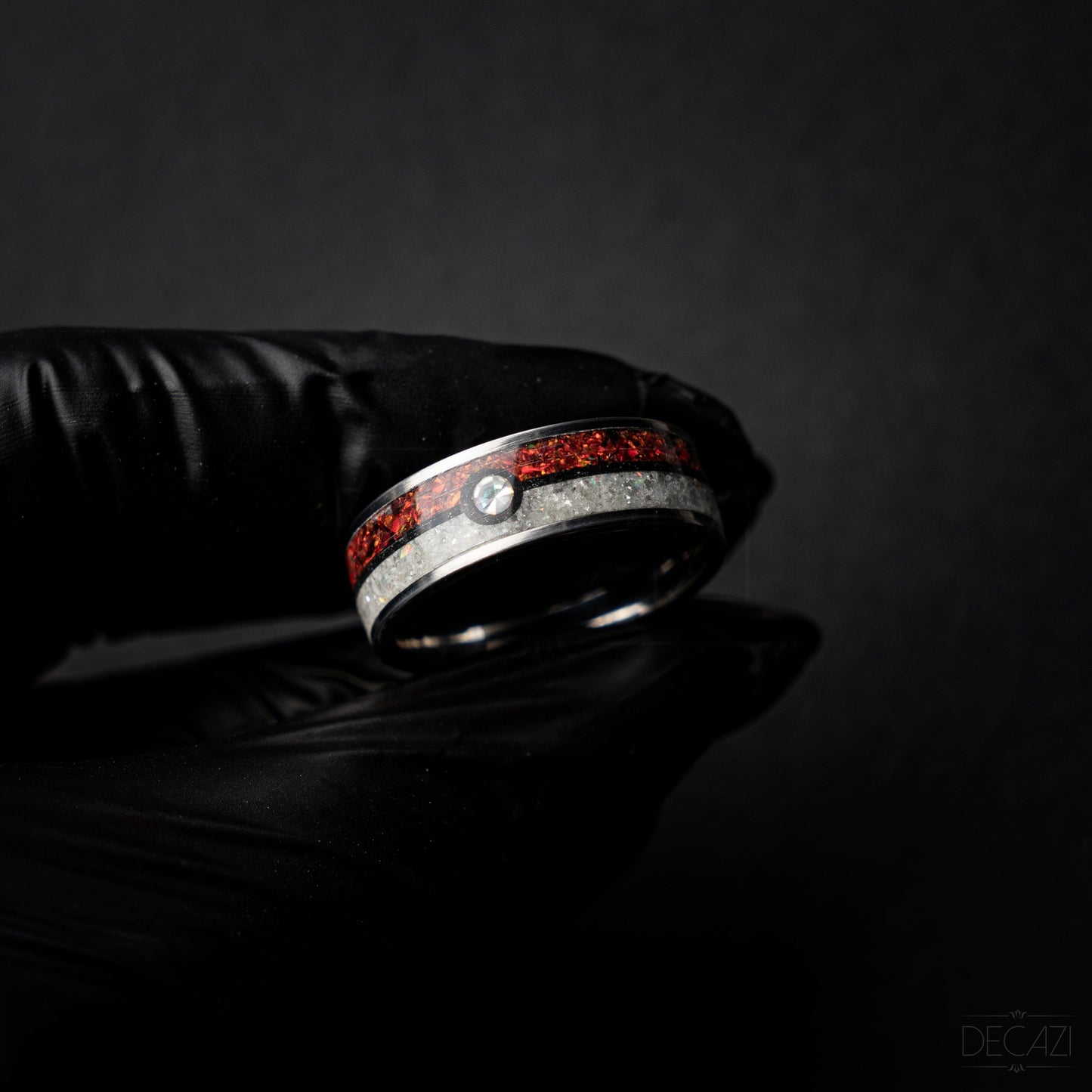Poke ball silver tungsten ring with Red and White opal and 1 Cubic Zirconia stone and Aqua glow 8 mm - Decazi