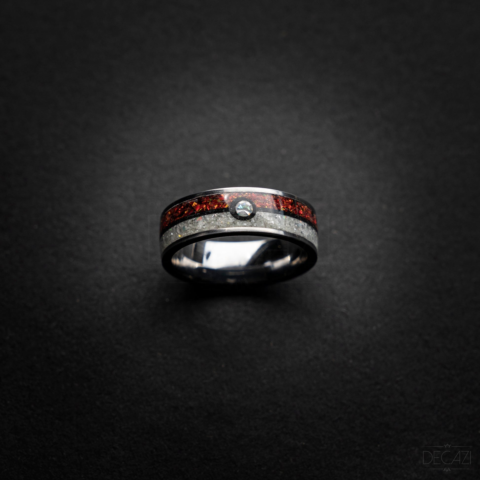Poke ball silver tungsten ring with Red and White opal and 1 Cubic Zirconia stone and Aqua glow 8 mm - Decazi