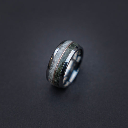 Zilver tungsten ronde ring met Maansteen en Mosagaat gescheiden bij 18k rose gouden draad 10 mm