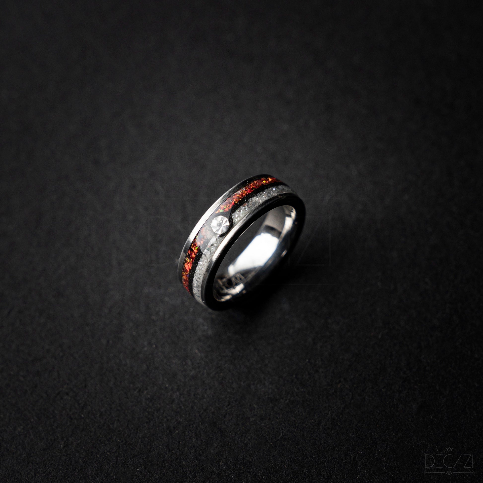 Ball Silver Tungsten Ring, Fire Opal Ring, Japanese Anime Inspired, Unique Ring, Handmade Jewelry, Wedding Ring, Cubic Zirconia Ring, Decazi